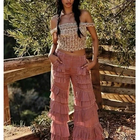 Free People Ruffled Mauve Wide Leg Pants - Picture 2 of 11